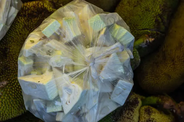 Fresh Organic Unripe Jack Fruit Vegetable Plastic Beg Farm Close — ストック写真