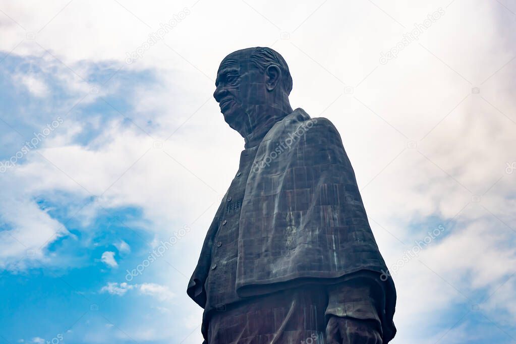statue of unity the world tallest statue with bright dramatic sky at day from different angle image is taken at vadodra gujrat india on July 10 2022.