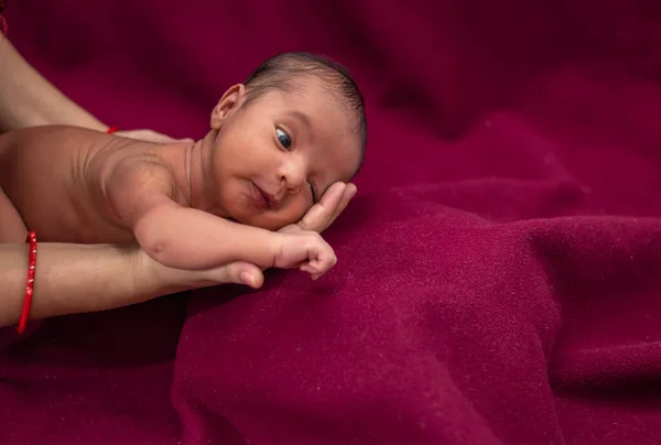 Pasgeboren Baby Leggen Bij Moeder Palm Met Schattige Gezichtsuitdrukking Vanuit — Stockfoto