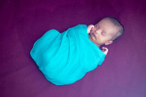 Cute Newborn Baby Sleeping Baby Wrap Dramatic Shot — Stock Photo, Image