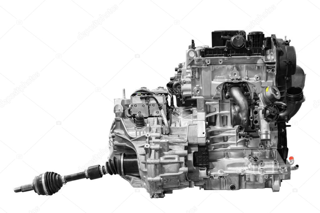 internal combustion engine car with gearbox assembly on white background
