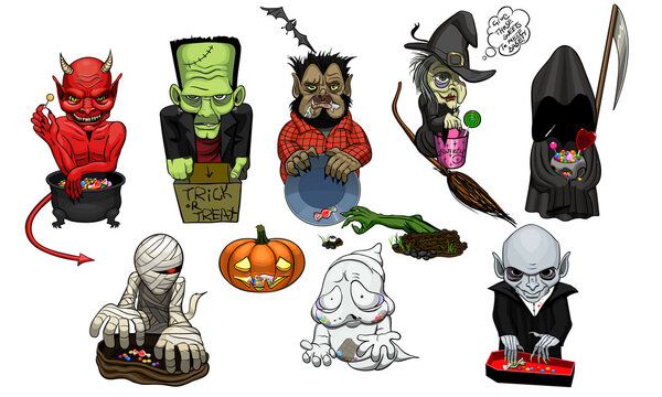 Devil, Frankenstein, wolfman, zombie, witch, death, mummy, pumpkin, ghost, vampire.