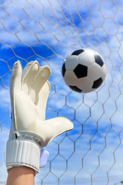 Soccer ball in goal — Stock Photo, Image