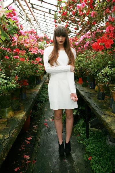 Brünette Frau im Azaleen-Garten. — Stockfoto