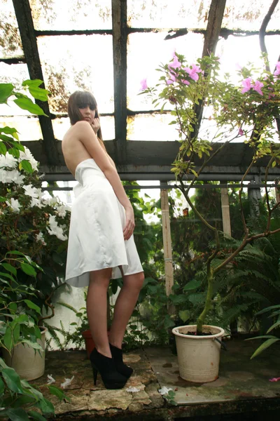 Bruneta žena v zahradě azalka. — Stock fotografie