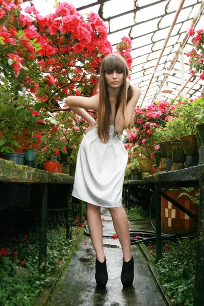 Brunette vrouw in azalea tuin. — Stockfoto