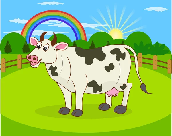 Vaca de dibujos animados y prado rural con hierba verde en el fondo de la montaña. Paisaje natural . — Vector de stock