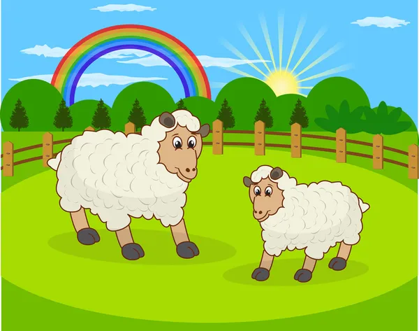 Cartoon-Schafe und ländliche Wiese mit grünem Gras auf dem Hintergrund der Berge. Naturlandschaft. — Stockvektor