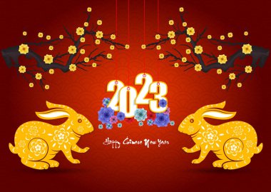 Mutlu yıllar 2023, Çin yeni yılı, Tavşan yılı, Zodiac tebrik kartı işareti, (Çeviri:)