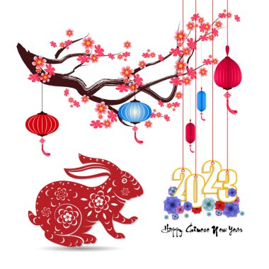 Mutlu yıllar 2023, Çin yeni yılı, Tavşan yılı, Zodiac tebrik kartı işareti, (Çeviri:)