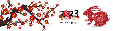 Mutlu yıllar 2023, Çin yeni yılı, Tavşan yılı, Zodiac tebrik kartı işareti, (Çeviri:)