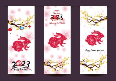 Mutlu yıllar 2023, Çin yeni yılı, Tavşan yılı, Zodiac tebrik kartı işareti, (Çeviri:)