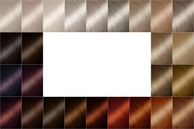 Saç boyası gözlüğü. Saç rengi paleti, bir kartpostalda düzenli olarak düzenlenmiş renk örneklerini gösteren geniş bir yelpazeye sahip. Yazdırıyorum. Saç boyası seti. Çeşitli renkler. 