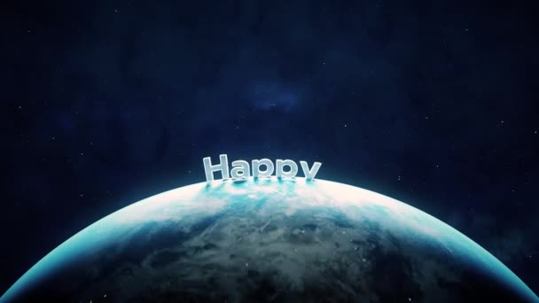 Sección de la tierra giratoria desde el espacio con texto feliz año nuevo — Vídeo de stock