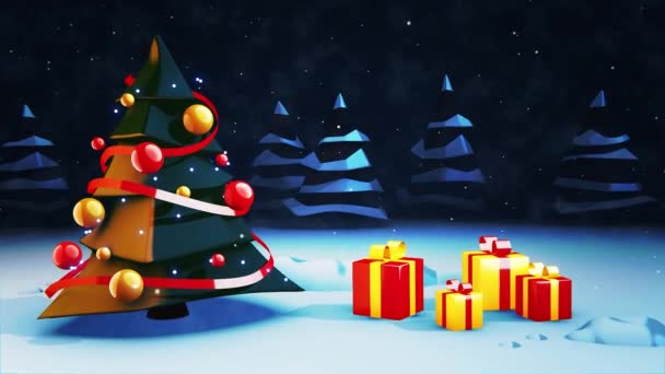 4k Animación de las palabras Feliz Navidad con árbol y presente — Vídeos de Stock