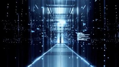 Digital information particles flow through network and data servers behind mesh panels in a server room of a data center or ISP. Forward Dolly Shot, High-Quality Animation