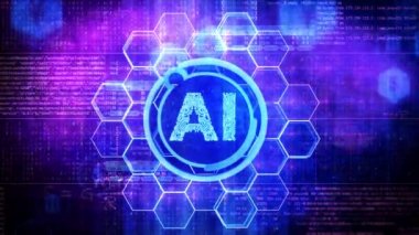 Ai logo with hexagonal tiles and various business icons and other technology-oriented graphics overlay