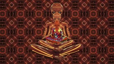 Psikedelik bir arka planda meditasyon yapan kusursuz vücut boyalı bir uzaylı.,