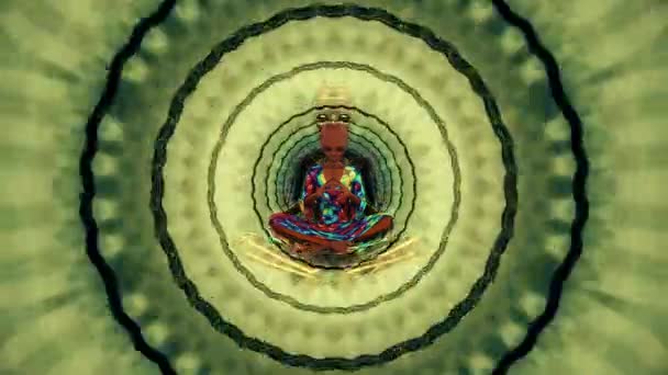 Psikedelik bir arka planda meditasyon yapan kusursuz vücut boyalı bir uzaylı., — Stok video
