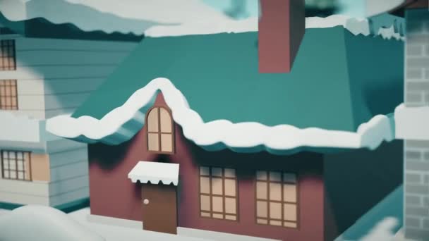 Saf karla kaplı dağ köyü ve bir dizi ev. — Stok video