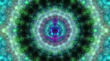 Psikedelik bir arka planda meditasyon yapan kusursuz vücut boyalı bir uzaylı.,