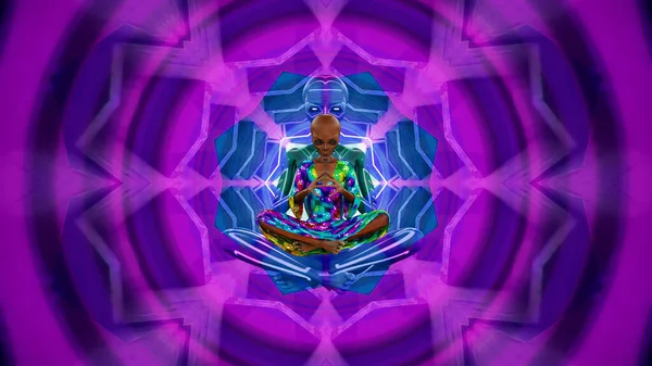 3d illiustraion of Alien meditating on a colorful psychedelic background — 스톡 사진