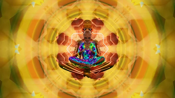 3d illiustraion of Alien meditating on a colorful psychedelic background — Stockfoto