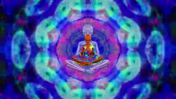 Безшовная петля инопланетянина с краской тела медитирующей на психоделическом фоне, — стоковое видео