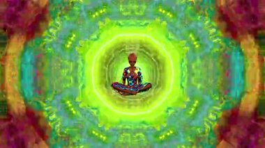 Psikedelik bir arka planda meditasyon yapan kusursuz vücut boyalı bir uzaylı.,