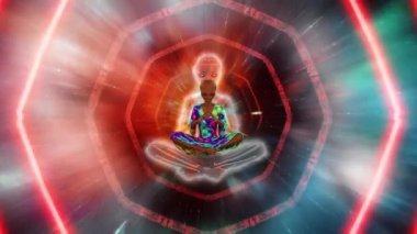 Psikedelik bir arka planda meditasyon yapan kusursuz vücut boyalı bir uzaylı.,