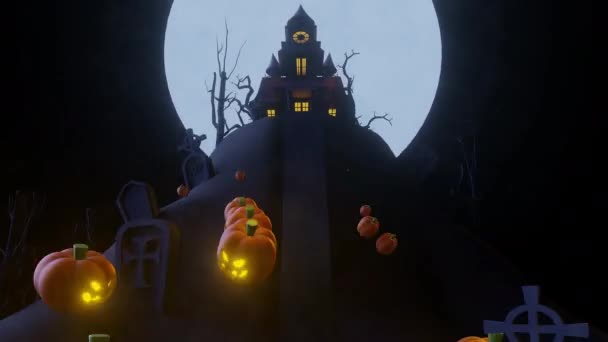 Concepto de Halloween vuelan a través de un espeluznante cemetray en un castillo encantado — Vídeo de stock