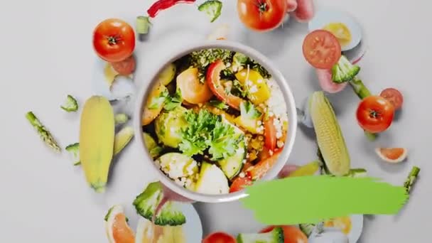 Концепция трехмерного рендеринга продуктов питания для кулинарного промо — стоковое видео