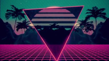 4k Wire çerçeve günbatımı ve peyzaj retro 3d animasyonu
