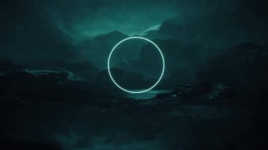 4k Neon Circle Logo Çerçevesi Ayışığında Dağ Manzarası