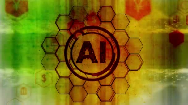 Ai标志与六边形瓷砖和各种商业图标和其他技术导向图形叠加 — 图库视频影像