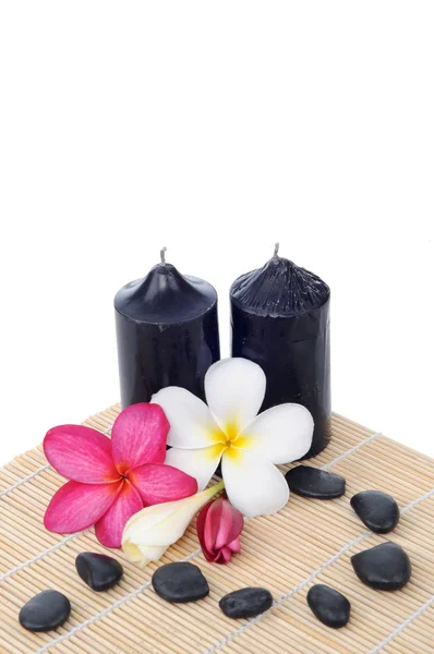 Hermosas flores de frangipani con velas y piedra de spa aisladas sobre fondo blanco — Foto de Stock