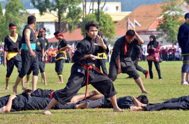 Kuantan, Malezya-Ağu 31: tanımlanamayan dövüş sanatları aktörü göstermek, Bağımsızlık günü 55 yıldönümünü üzerinde Ağustos 31, 2012 kuantan, pahang, Malezya malay tradisional disiplini