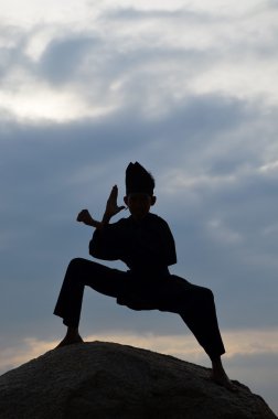 performans pencak silat, malay geleneksel disiplin savaş sanatı bir genç çocuk silüeti