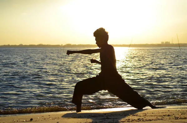 Silhouette of young boy performing a pencak silat, Malay traditional discipline martial art in evening at the beach — Stock Photo, Image