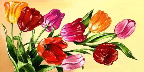 Tulpen verschillende kleuren digitale hand getekend in oliestijl. Lente bloemen illustratie ideaal voor banners, ansichtkaarten, vrouw dag 8 maart. — Stockvector