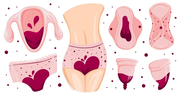 Período Menstruación Productos Higiene Cero Residuos Bragas Almohadillas Tazas Protección — Archivo Imágenes Vectoriales