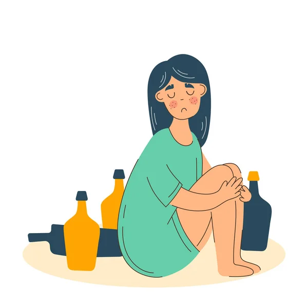 Молодая Женщина Пьет Одна Проблемы Алкоголя Депрессии Женщин Социальная Проблема — стоковый вектор