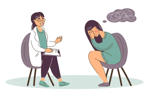 Hjälp av läkare psykolog till Kvinna lider av depression psykiska sjukdomar eller bipolär sjukdom. — Stock vektor