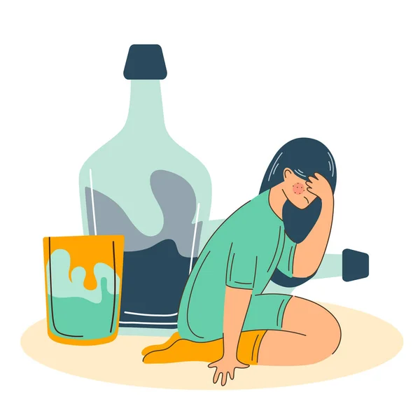 Alcohol abuse and depression problem of female. Woman alcoholism social problem. — Stock Vector