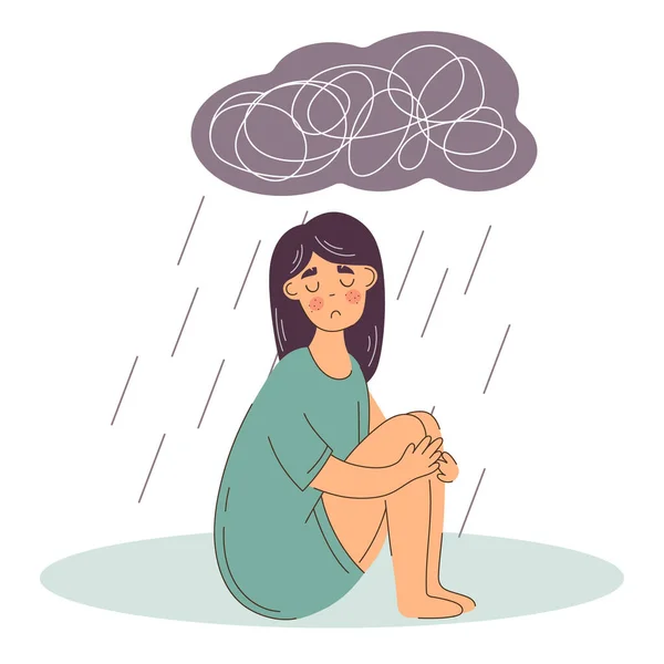 Wanita menderita penyakit mental depresi. Duduk di bawah awan hujan dengan pikiran berat. - Stok Vektor