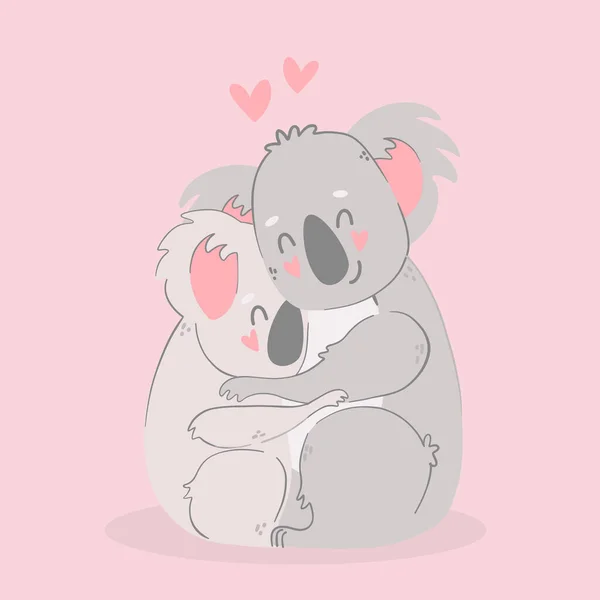かわいい漫画のコアラのカップルが大好きです。動物の心を持つ文字。バレンタインデーロマンチックな図面。子供の赤ちゃんのデザイン. — ストックベクタ