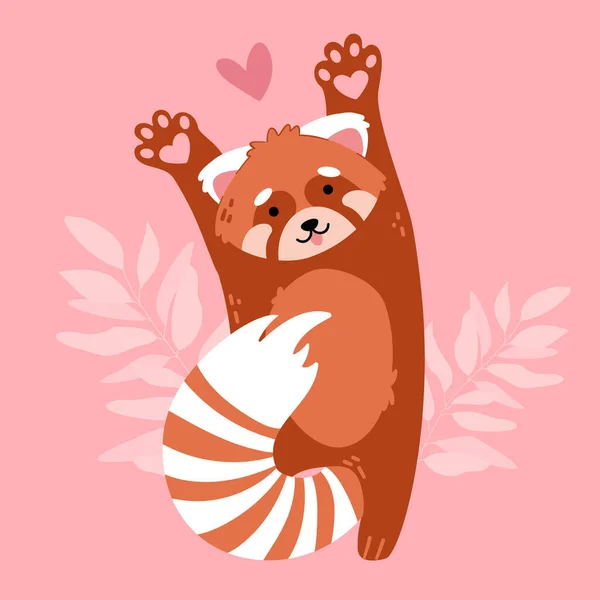 Leuke grappige cartoon rode panda verliefd. Dieren karakter met harten. Valentijnsdag romantische tekening. Kids baby ontwerp. — Stockvector