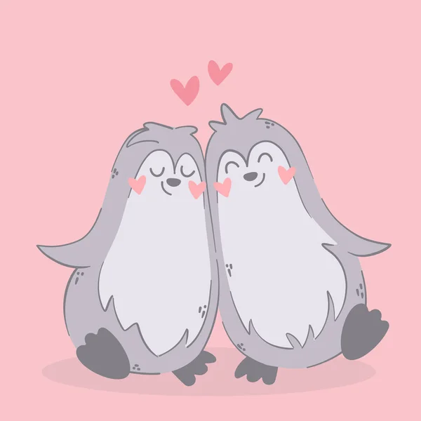 Söt tecknad pingvin par kär. Djur karaktär med hjärtan. Alla hjärtans dag romantisk teckning. Barn baby design. — Stock vektor