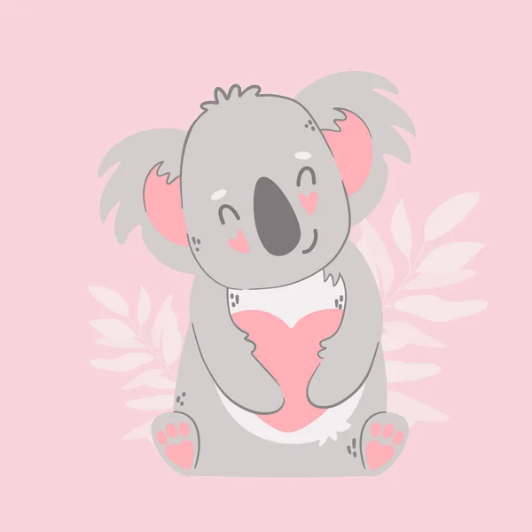 Linda historieta divertida Koala en el amor. Animales de carácter con corazones. Dibujo romántico de San Valentín. Diseño de bebé para niños. — Vector de stock