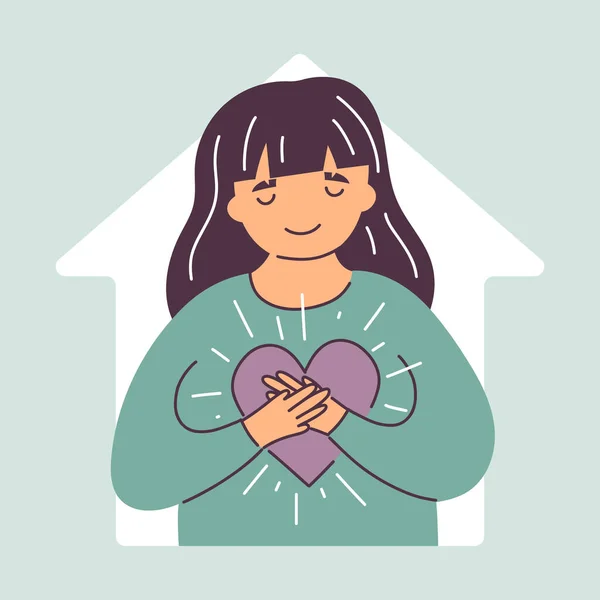 Home sladký domácí koncept plochý vektor karikatura roztomilý Ilustrace. Šťastná dívka objímá srdce a drží ho v rukou. Rád domů. Domov je tam, kde je tvé srdce — Stockový vektor